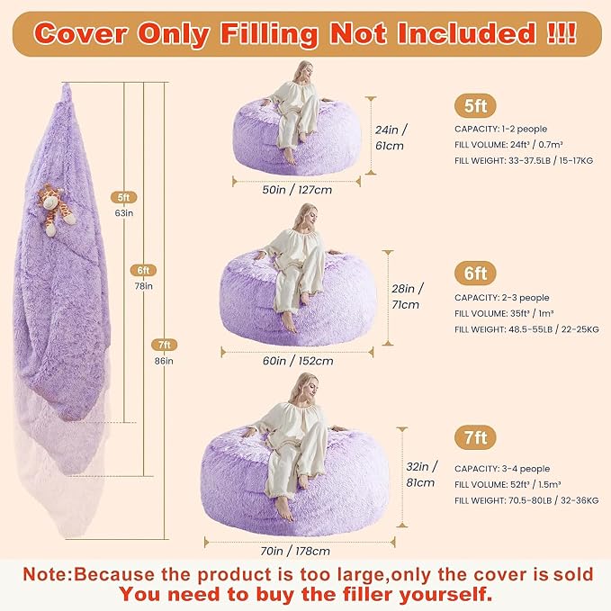 Huge Bean Bag Covers Only, Fluffy Stuffed Beanbag Chair Covers No Filler, Washable Bean Bags Cover for Adults, Stuffed Animal Bean Bag Anti-Slip, 6FT, Purple - Image 2