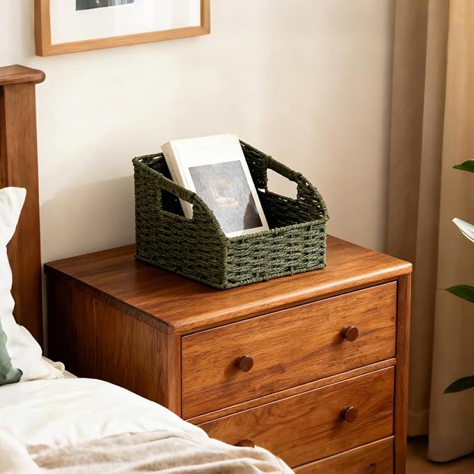 Pantry Organizers, Handwoven Large Wicker Baskets for Shelves, Labeled Storage Baskets for Organizing with Handles - Paper Storage Bins for Shelves, 3 Pack, Green - Image 5