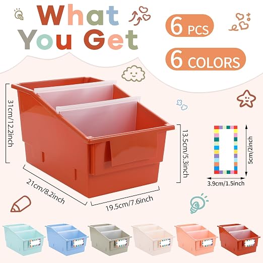 gisgfim 6 Pack Picture Book Bin with Dividers Classroom Library Book Bin Small Plastic Books Holders with Labels for Classroom Library Magazines Storage Organizer 13.5 x 8.75 x 7.75 in(Boho) - Image 2