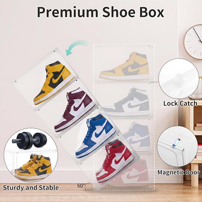 X-Large Clear Stackable Shoe Storage Box 8 Pack, Drop Side Shoe Organizers | Fits US Size 13 Sneakers Storage, Hard Plastic Shoe Containers with Magnetic Drop for Closet Storage and Sneaker Display - Image 3