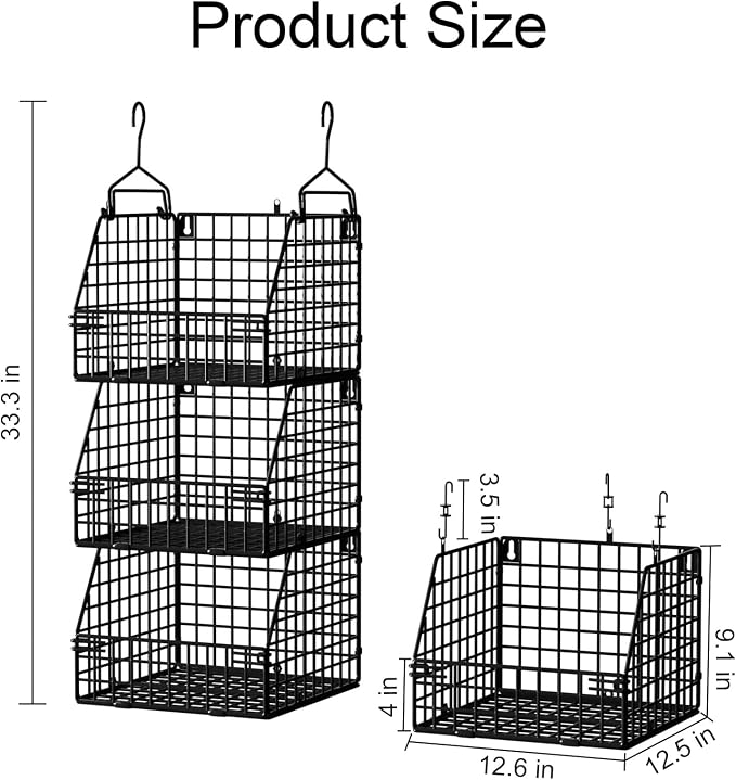 PUPPYCUTE Larger & Deeper Hanging Storage Basket, Closet Organizers and Storage, Hanging Shelves Wire Baskets for Clothing Sweaters Purse Handbags Shoes Black 3 Tier - Image 6