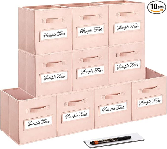 11 Inch Storage Cube,Storage bin,cube storage (Set of 10) Foldable Fabric Cube Storage Bins with 10 Labels Window Cards & a Pen,Baskets Containers for Shelves,Closet Organizers Box,Pink by Artsdi