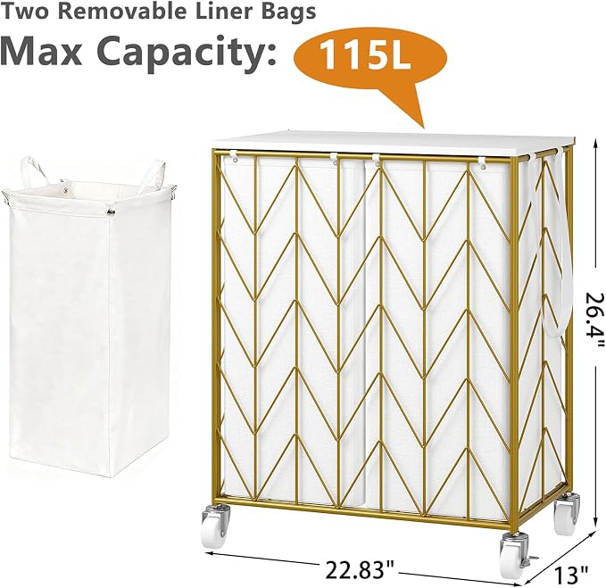 WOWLIVE Double Laundry Hamper with Lid, Rolling Laundry Basket with Wheels | Rolling Wire Clothes Hamper with Divided Removable Bags, Heavy Duty Large Iron-Made Laundry Sorter Laundry Room Organization - Image 3