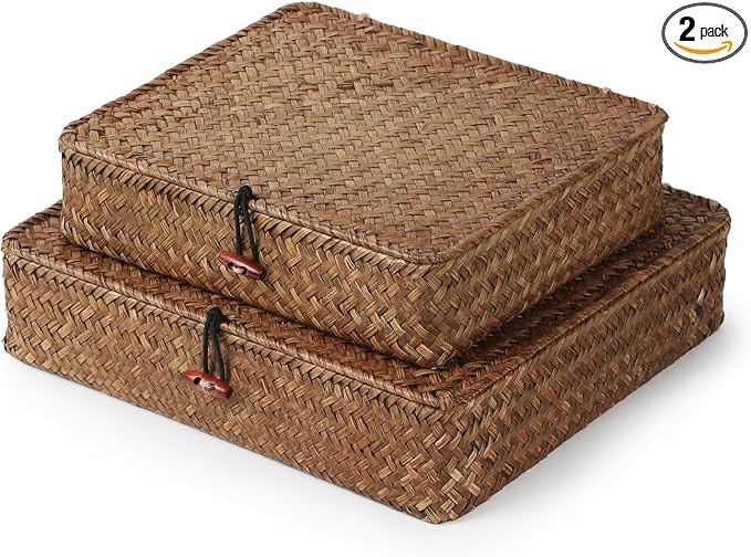 YANGQIHOME Set of 2 Seagrass Baskets with Lids, Rectangular Woven Storage Baskets, Natural Wicker Basket Boxes for Coffee Table, Shelf, Bathroom Counter & Closet Decor (Coffee, Set of 2) by YANGQIHOME