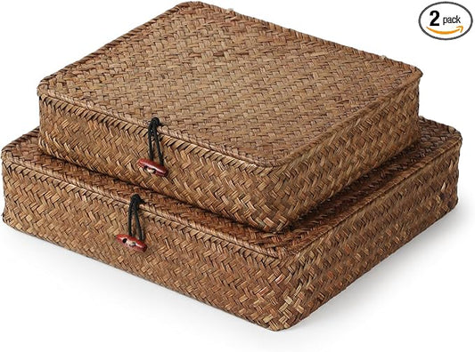 YANGQIHOME Set of 2 Seagrass Baskets with Lids, Rectangular Woven Storage Baskets, Natural Wicker Basket Boxes for Coffee Table, Shelf, Bathroom Counter & Closet Decor (Coffee, Set of 2) by YANGQIHOME