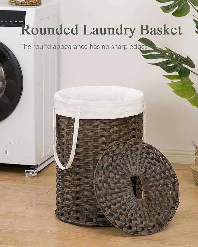 SETVSON Laundry Hamper with Lid, 19.0 Gal (72 L) Round PE Rattan, Brown | 72L Woven Hamper with Lid, Removable Washable Liner Bag, 2 Mesh Laundry Bags, Strong Steel Frame, Foldable Long Handles - Image 2