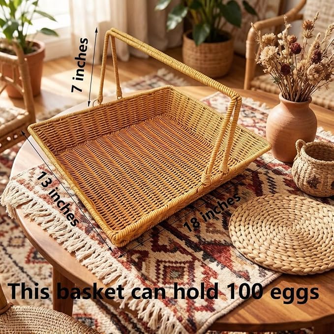 Plastic Picnic Basket with Foldable Handle - Rectangular Rattan Style Organizing Basket, Large Capacity Woven Storage Basket - Image 4