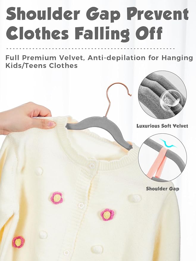 Kids Velvet Hangers 50 Pack, 14 Inch Premium Non Slip Kids Felt Hangers for Closet, Space Saving Toddler Clothes Hanger for Youth's Childrens' Clothes (Rose Gold Hook)- Grey | Premium Kids Hangers for Closet Storage, Space Saving Toddler Clothes Hanger... - Image 3