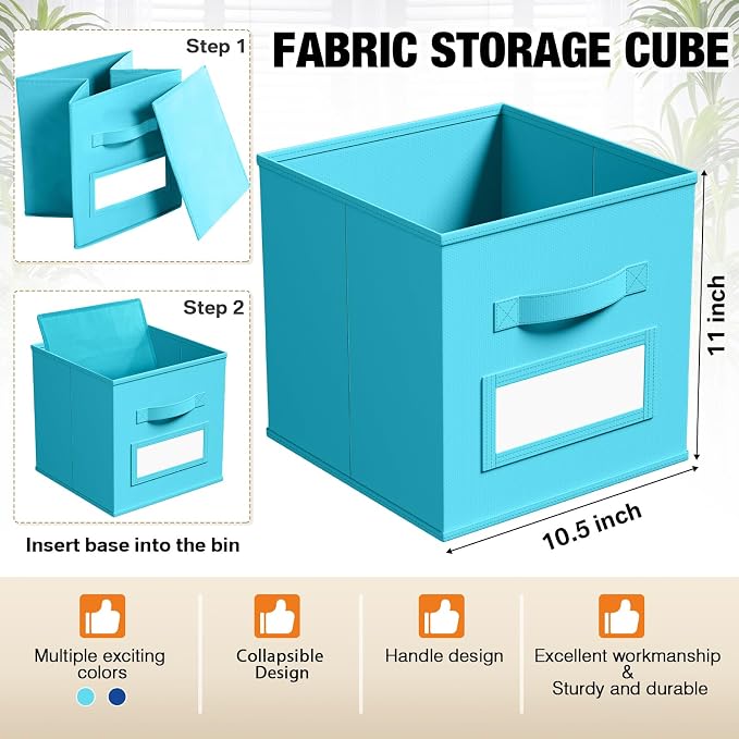 Teenyyou 10 Pack Fabric Storage Cubes 11 Inch Collapsible Cube Bins with Label Window & Handle Foldable Organizers Baskets for Shelf Closet Nursery Kids Room Clothes Book Toy(Lake Blue, Navy Blue) - Image 3