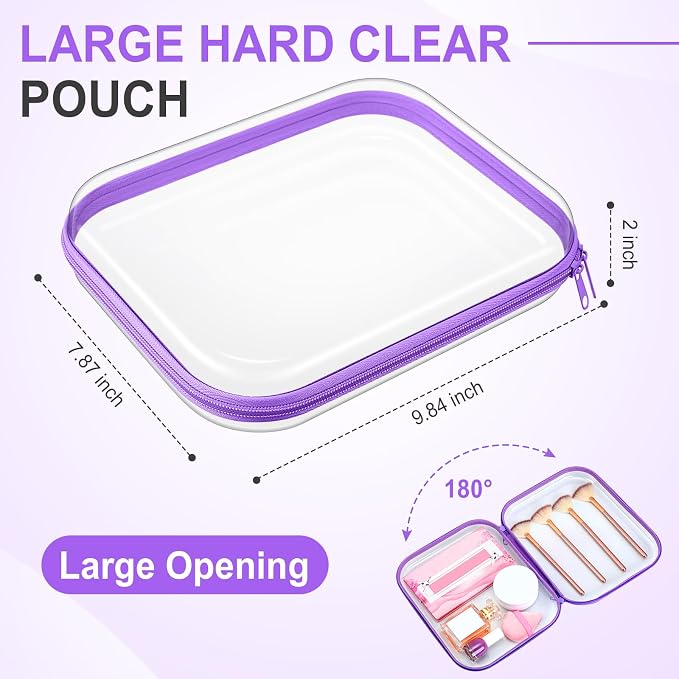 Sanwuta 6 Clear Hard Zipper Case,Purple,9.84 X 7.87 X 2 Inch | Pencil Case Pouches ,Makeup Bag,Plastic Toiletry Diaper Bag ,Travel Toy Storage,Waterproof Organizer Bins - Image 2