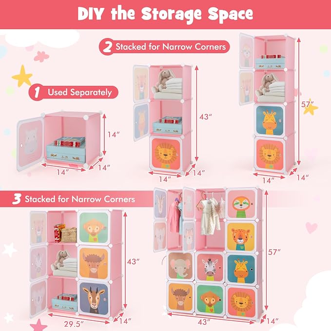 HONEY JOY Kids Wardrobe Closet, Baby Cartoon Clothes Storage Organizer, 12 Cubes & 2 Hanging Sections, Portable Children DIY Modular Bedroom Armoire Dresser Cabinet for Boys Girls (Pink) - Image 3