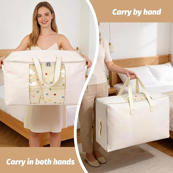 Soft Large Canvas Storage Bags with Zipper. Thick Breathable. Four Carrying Handles and Window. Cotton Linen Storage for Pillows, Quilt, Blankets and Comforter, 80L, Beige - Image 3