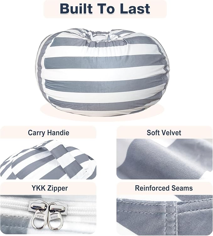 Lukeight Stuffed Animal Storage Bean Bag Chair Cover for Kids, Velvet Plush Toy Organizer Seat, Cover Only, No Filling Included, Long YKK Zipper, Side Pocket, Large 27"D x 16"H - Image 6