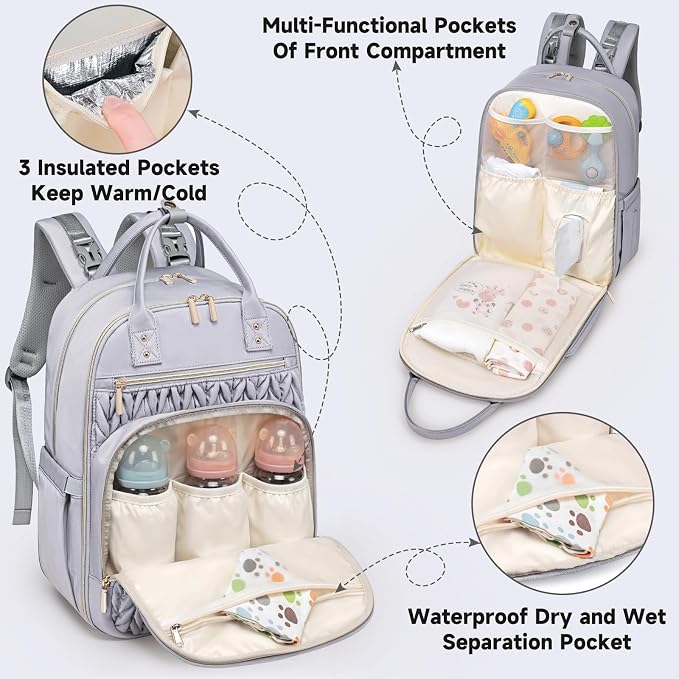 Tealari Diaper Bag Backpack,Stylish Baby Diaper Bag,Waterproof Travel Diaper Backpacks Baby Bags with Changing Pad,Stroller Straps,Insulated Pockets (Gray) - Image 3