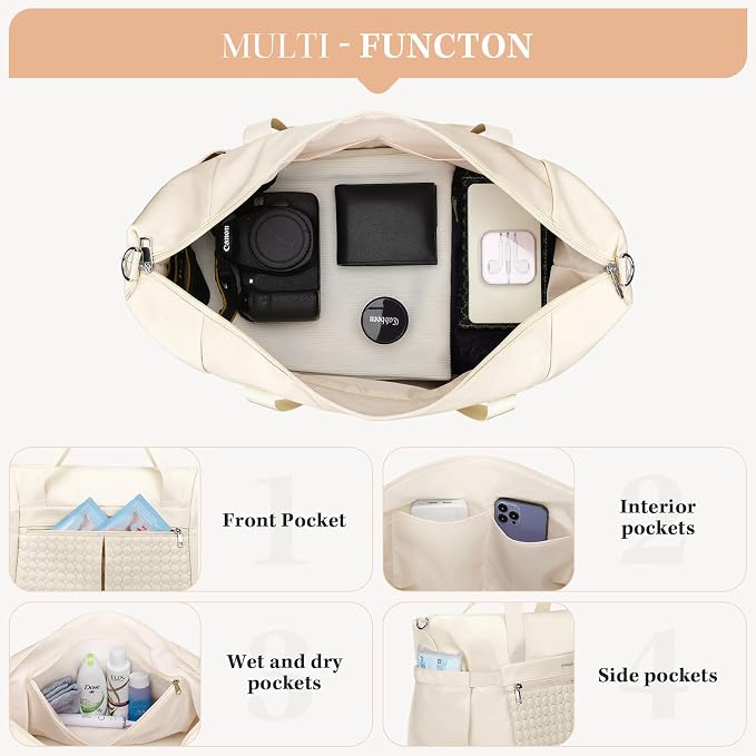Maelstrom Gym Bag for Women,40L Travel Duffel Bag with Shoes Compartment and Wet Pocket,Waterproof Carry On Weekender Bag,Sport Gym Tote Bags Swimming Yoga, Hospital Holdalls（Beige) - Image 4