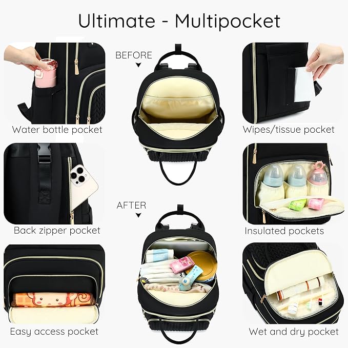 AIJIEKE Diaper Bag Backpack, Large Multi-functional Diaper Backpack, Black | Waterproof lightweight baby backpack. With changing pad, stroller straps, insulated & wet/dry pockets. Mom & dad essential - Image 2