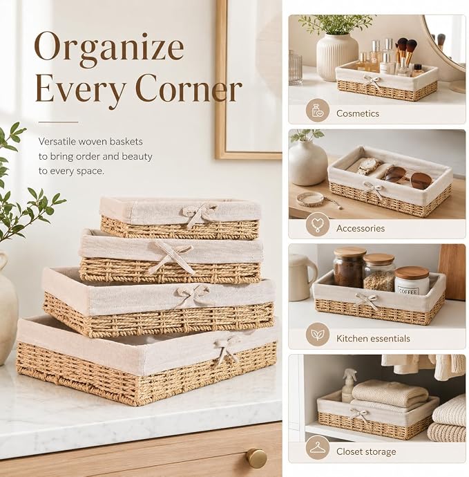 Baskets for Shelves Set of 4, Woven Paper Rope Storage, Khaki | Shallow Nesting Organizer Baskets with Removable Linen Liner, Pantry Bathroom Closet Cabinet Bookshelf storage, 9.8in-15.7in - Image 4