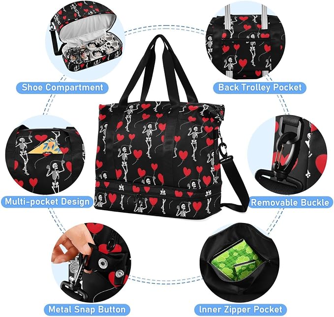 Travel Duffel Tote Bag Romantic Skull Gothic Sports Duffel Bag with Wet Pocket Weekender Overnight Bag for Women Men Gym Bag, Carry On Bag Hospital Bag for Labor and Delivery - Image 4