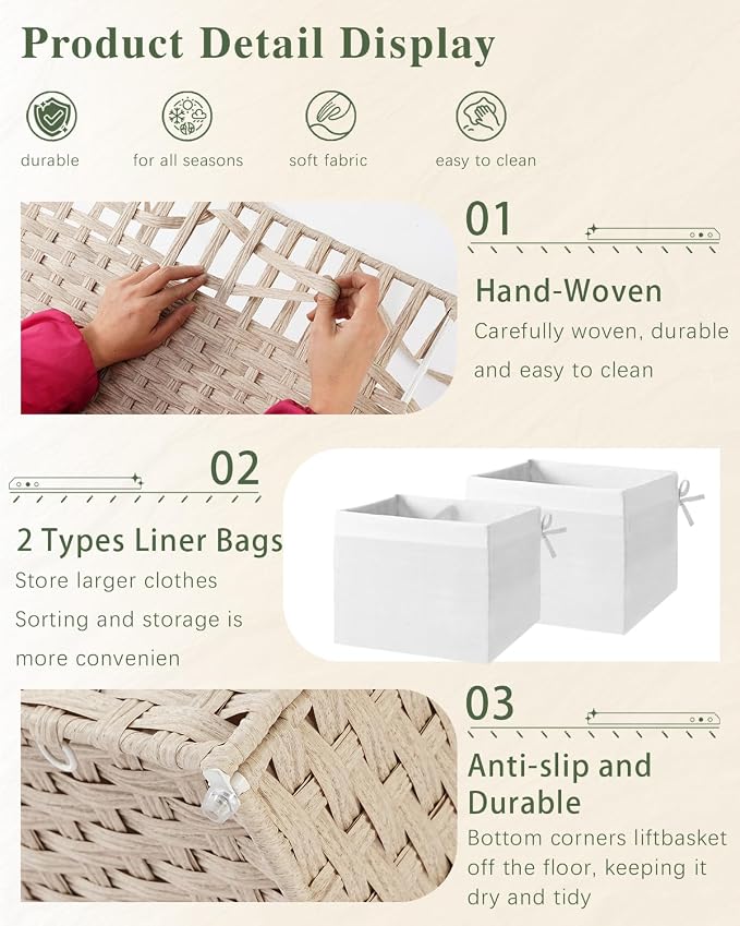 SETVSON Storage Basket with Lid 160L Wicker Baskets Storage Light Khaki | Divided Clothes Organizer,42.3 Gallon Dual Lid Jumbo Blanket Storage Trunk, 2 Washable Liner Bags, Collapsible PE Rattan Bin - Image 8