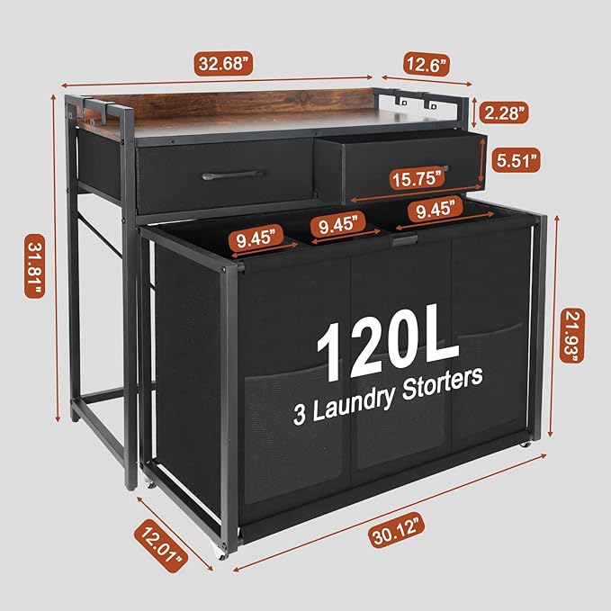 Rolling Laundry Sorter with wheels, Laundry Hamper 3 Section with shelf - 3 × 10.5 Gal (120L) Capacity, Laundry Basket with Drawers for Clothes-1 Storage Shelf, Laundry Organizer for Laundry Room - Image 2