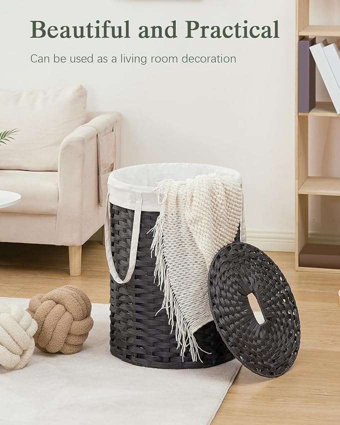 SETVSON Laundry Hamper with Lid, Round PE Rattan Basket, Black | 72L Compact Clothes Organizer with Lid, Removable Inner Bag with Handles, 2 Mesh Wash Bags, Space-Saving Storage Hamper - Image 7