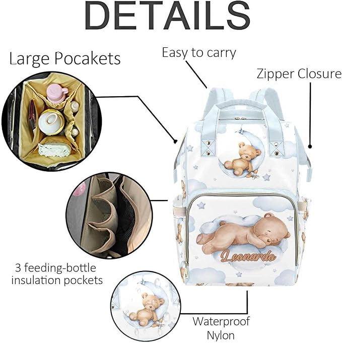 Personalized Sleeping Bear Diaper Bag Backpack with Name – Waterproof Custom Baby Nappy Bag with Large Capacity & Multi Pockets – Shower Gift for Baby for New Parents - Image 5