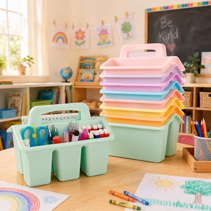 8 Pack Classroom Caddy Storage Basket with Handle 4 Compartment Storage Caddy Plastic Arts Crafts Caddies Protable Classroom Craft Caddies for Kids Schools Art Craft Supplies(Pastel) - Image 4