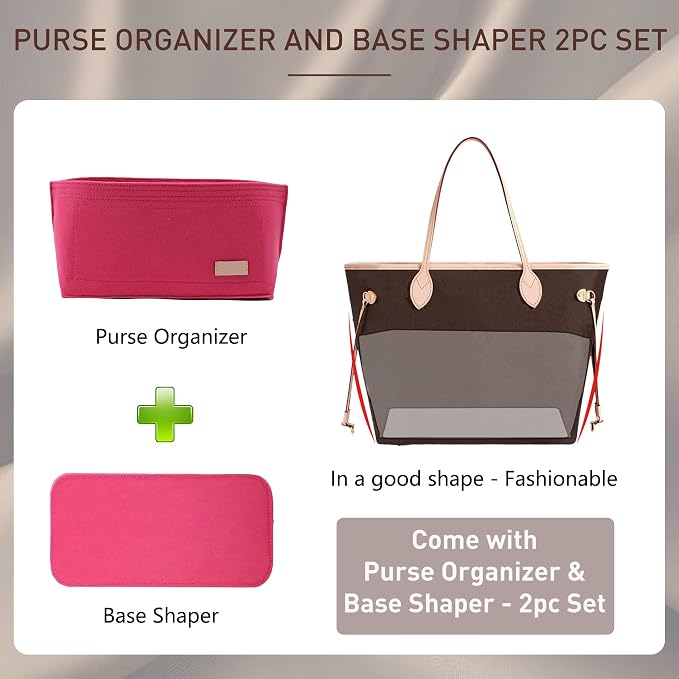 Purse Organizer Insert for Handbags & Base Shaper 2pc Set, Felt Neverfull MM Organizer Insert, Tote Bag Organizer with Zipper Pocket and Bottle Holder, Fit Speedy 30 Neverfull MM and More,Rose-L - Image 3