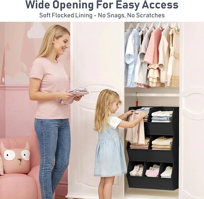 DIMJ Hanging Closet Organizer Extra Large, Clothes Hanging Shelves for Closet with Divider, Collapsible Closet Storage System, Fabric Storage Bins for Home, Black, 15.75 × 12.20 × 9.44, 3 Pack - Image 6