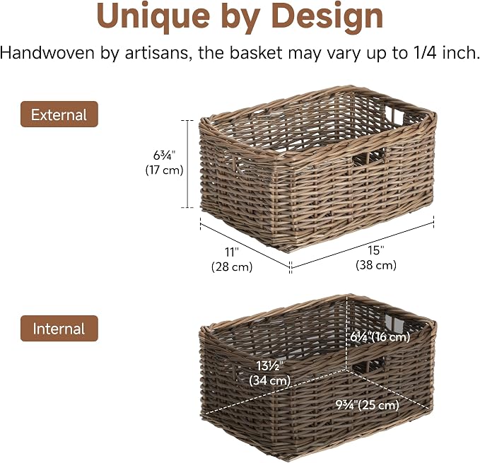 StorageWorks Pantry Baskets, Willow Storage Baskets for Organizing, Shelves, Pantry Organizers and Storage, Light Brown, 15" L x 11" W x 6 ¾"H - Image 2