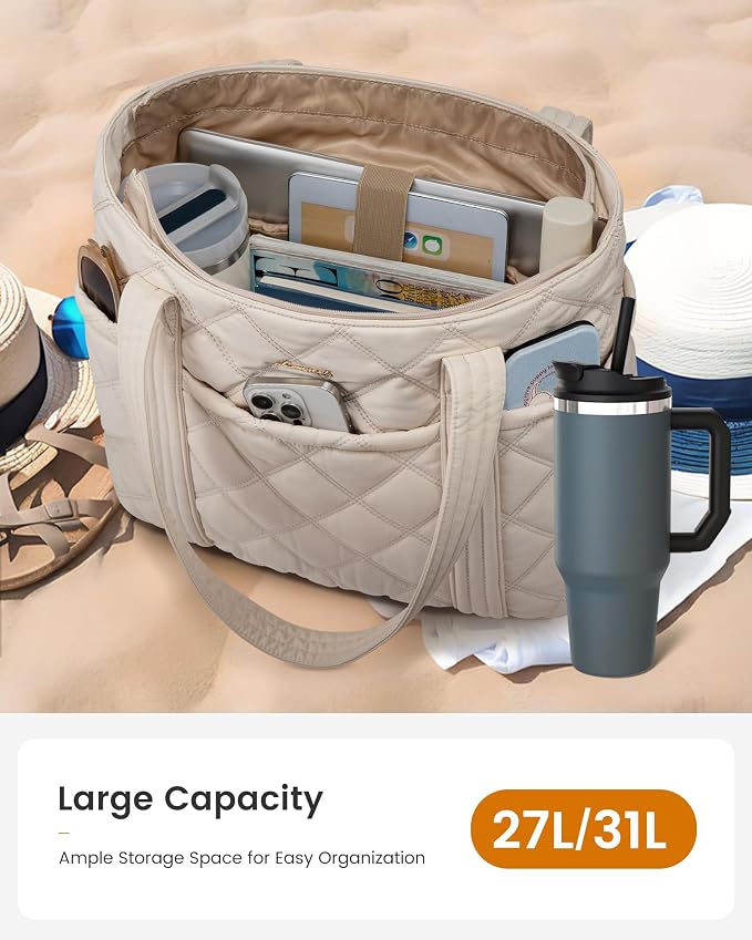 LOVEVOOK Puffer Tote Bag for Women, Puffy Work Handbag with Cup Holder, Travel Carry On Bag with Zipper for Teacher Nurse Gym - Image 2