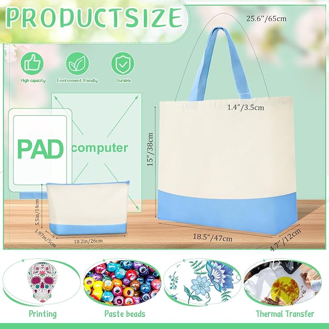 Sanwuta 30 Pcs Canvas Tote Bags Bulk with Zipper Cosmetic Pouch,Light Blue | 18.5" Reusable Cotton Shopping Bag with Handle for DIY Craft - Image 3