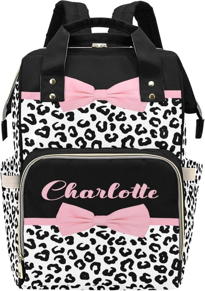 Pink Bow with Leopard Print Personalized Baby Diaper Bag – Custom Name Waterproof Nappy Backpack with Multi Compartments – Stylish Gift for Mom, Dad, Baby Shower & Outdoor Travel by Unknown
