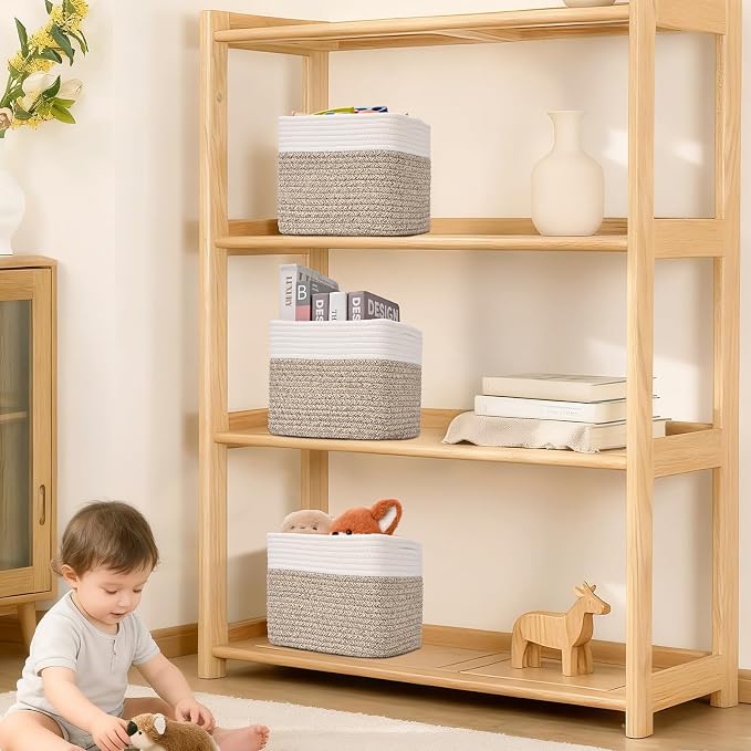 3 Pack Cube Storage Bin, 9”x9”x7” Cotton Rope Woven Baskets for Organizing Toys Clothes Towels, Square Gift Storage Baskets for Shelves, Nursery, Closet, Bathroom, Pantry (White & Jute) - Image 7