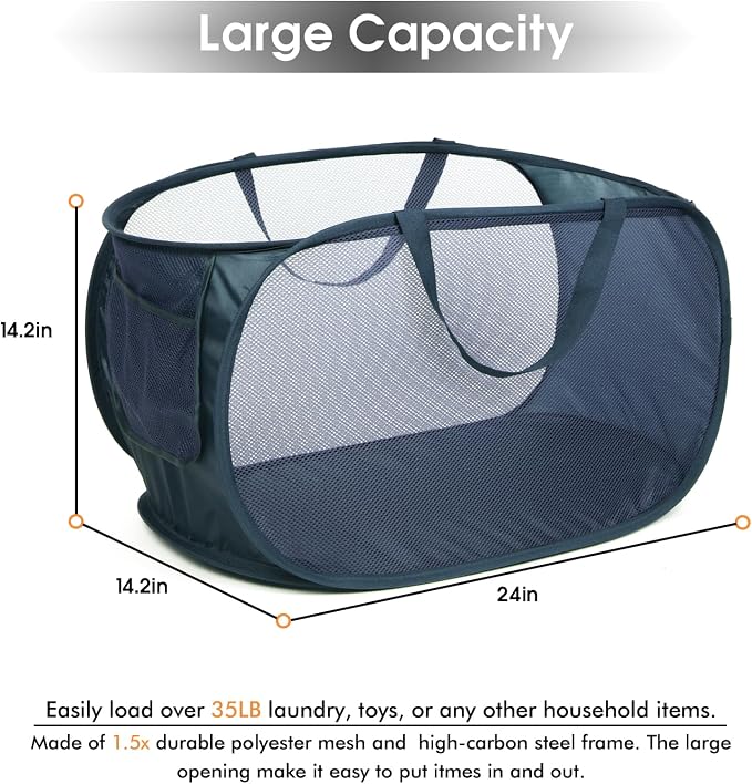 Durable Collapsible Laundry Baskets, Mesh Pop Up Laundry Hamper with Handy Pocket, Foldable Clothes Hamper with Reinforced Carry Handles for Laundry, Bathroom, Kids Room or Travel Navy - Image 2