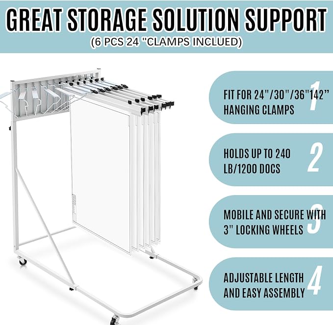 Estune Mobile Blueprint Holder Rack, Adjustable Mobile Blueprint Holder with 6 30 In Hanging Clamps 4 Wheels Poster Display Rack Storage Organizer Stand for File Display Plan Office Home(Silver) - Image 4