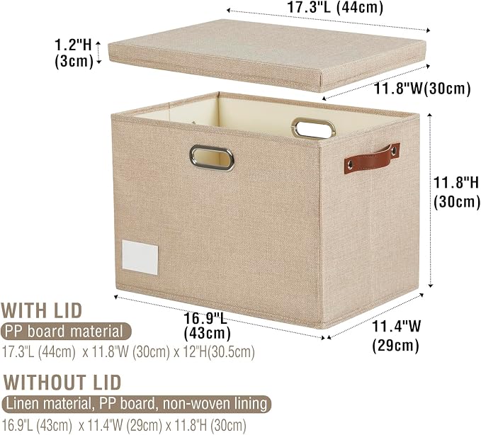 17" Large Fabric Storage Box with Lids, 3-Pack, Khaki | Stackable, Foldable, 2 PU Handles and 2 Metal Handles, Decorative Fabric, For Home, Bedroom, Closet, Office, Nursery - Image 7