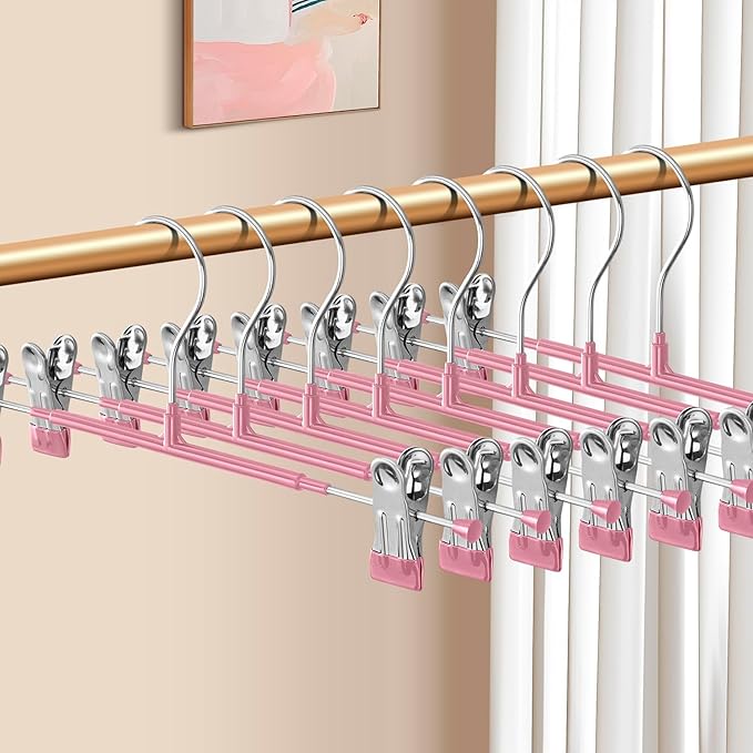 14 Inch Pants Hangers with Clips Skirt Hangers, 10 Pack, Pink | Non-Slip,Adjustable metal clips,Space-Saving,Heavy duty, for pants/skirt/dress/trousers/jeans/shorts/Clothes,Women,men by HWAJANClothesOrganizer