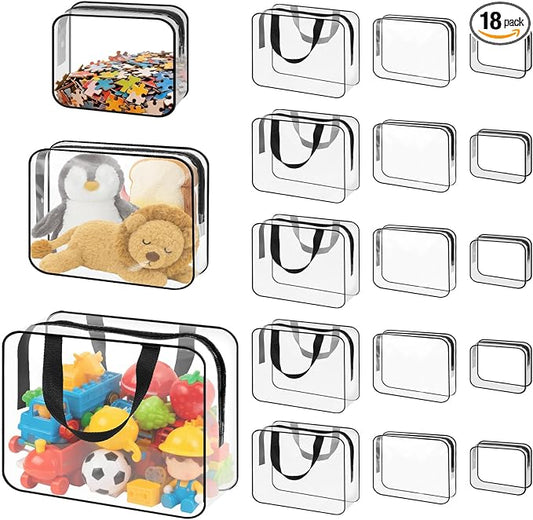 18 Pack Toy Storage Bags 3 Size Clear PVC Puzzle Organizer Bags with Zipper | Travel Waterproof Toy Organizer Bags Reusable Toy Bags for Puzzles, Blocks, Board Game Storage by Unknown