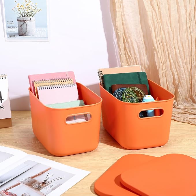 8 Pack Storage Bins, 10.2 X 7 X 6.3 Inch Orange | Plastic Stackable Containers with Lid Handle, For Shelves Desktop Playroom Office, Organizing Toys Books Supplies Storage - Image 3