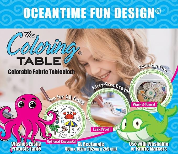 Oceantime Fun Design – XL Rectangle Tablecloth 60”X102” - Interactive Coloring Tablecloth for Kids – Poly/Cotton Fabric - Washable and Reusable – DIY Activity for Children and Adults - Image 2