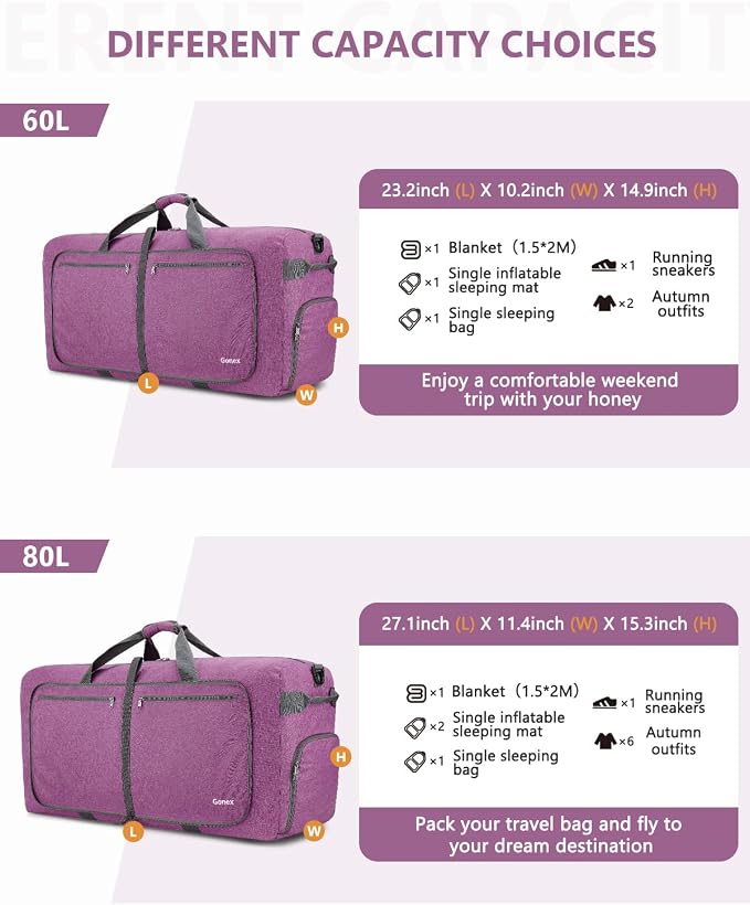 Gonex 80L Foldable Travel Duffle Bag with Shoe Compartment, Lightweight | 210D Nylon, Water-Repellent, Folds Compact, Multiple Pockets, Luggage Sleeve, Weekend Trips & Camping, Mauve - Image 2