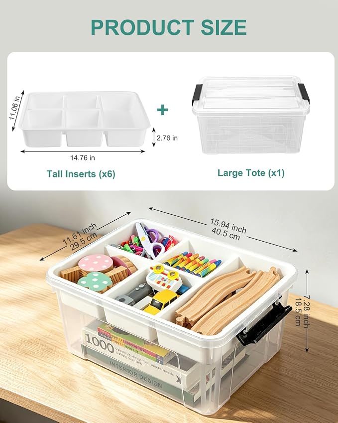 EOENVIVS 17 QT Clear craft storage organizer box with Removable Tray, Plastic storage bins with lids for Kids Art Supplies, Toys, Beads, Tools, Sewing & Classroom Clear+Black Bulcket - Image 2