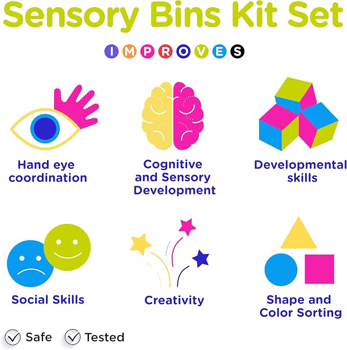 Sensory Kit for Toddlers and Kids - Includes 6 Bins with Lids, Play Tools, Sand, Feathers, Clay, Color Beads and Pom Poms Kids Box Fillers - Image 4