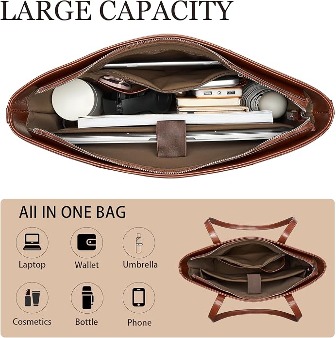 Genuine Leather Tote Bag for Women, Large Tote Purses with Zipper | Large capacity and multiple pockets, Quality leather with adjustable strap, Vintage design for work or travel - Image 4