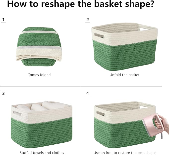 OIAHOMY 4 Pack Storage Basket, 13"x9"x7.8" Cotton Rope Baskets for Shelves, Closet Organizer for Bedroom & Living Room, Soft Decorative Bins for Organizing Towels, Books & Toys, Olive Green & White - Image 7