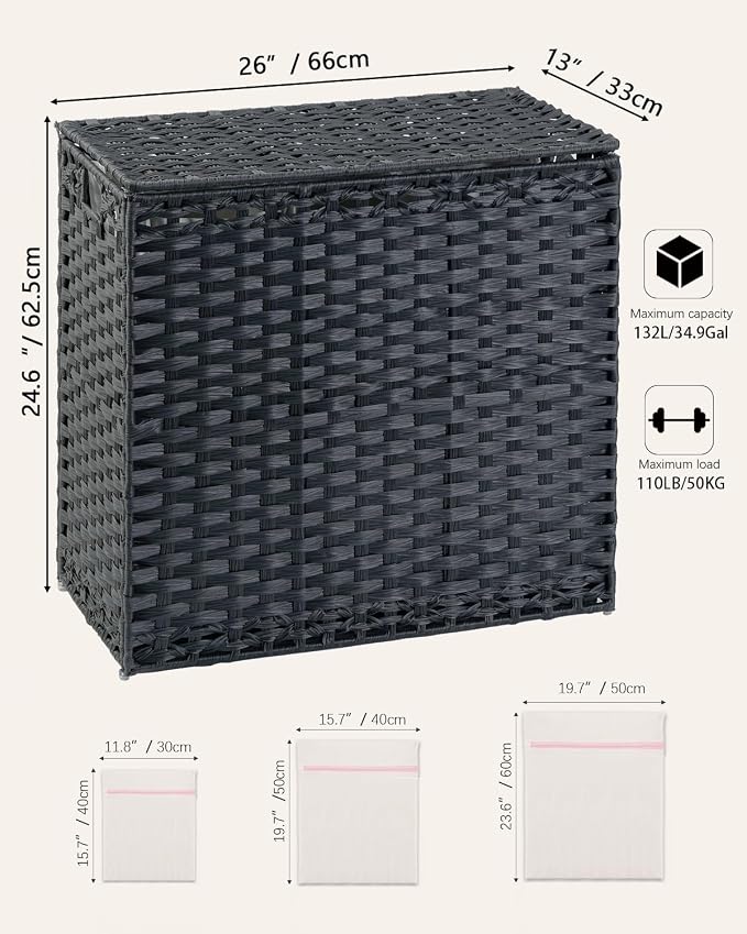 SETVSON Laundry Hamper with Lid Laundry Basket 35 Gal PE Rattan, Black | Large Family Clothes Sorter Trunk with Lid, 4 Compartment Washable Liners, 6 Mesh Bags, Collapsible Steel Frame - Image 5