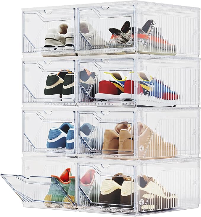 BROVIEW XX-Large Shoe Sneaker Storage Boxes for Size 14, 8 Pack Shoe Boxes | Stackable & Thicken Clear Plastic Shoe Organizers for Entryway Closet, Shoe Container Display Case w/ Magnetic Door by BROVIEW-EnjoytheArtofLife