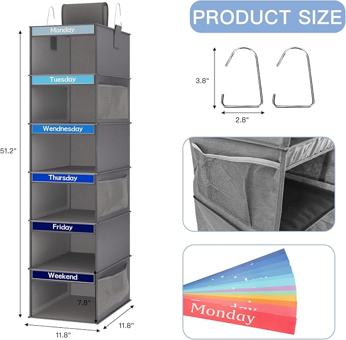 Fixwal Weekly Kids Clothes Organizer 2 Pack 6-Shelf Hanging Storage | Nonwoven Fabric, 6 Daily Shelves, 6 Mesh Side Pockets, 2 Metal Hooks, Foldable Design, for Kids Outfits and Accessories - Image 2