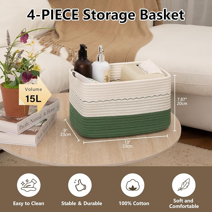 OIASKET 4 Pack Storage Baskets for Organizing, 13"X9"X7.87", Decorative Cotton Rope Baskets for Shelves, Small Woven Basket for Toys, Books and Towels, Green & White - Image 3
